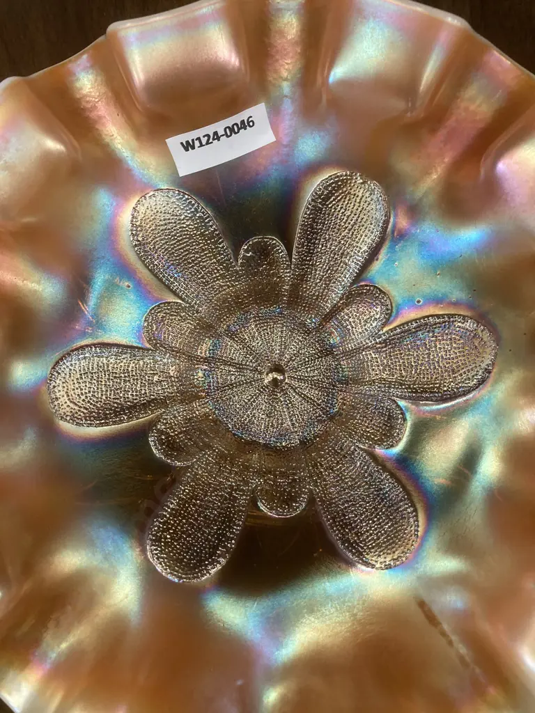 Antique Peach Opalescence Carnival Glass Square Ruffled Pedestal Bowl, H9 Dia23cm Image 1++