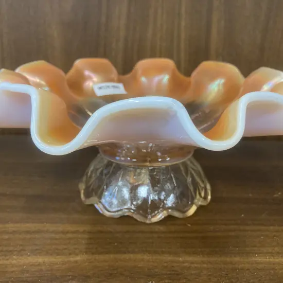 Antique Peach Opalescence Carnival Glass Square Ruffled Pedestal Bowl, H9 Dia23cm