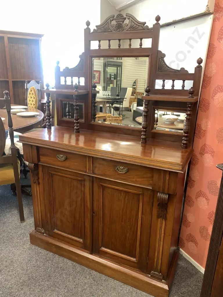 Antique Kauri Sideboard, Single Shallow Drawer, 3 Bevelled Mirrors, Ornate Detail, 2 Door With Key Image 1++