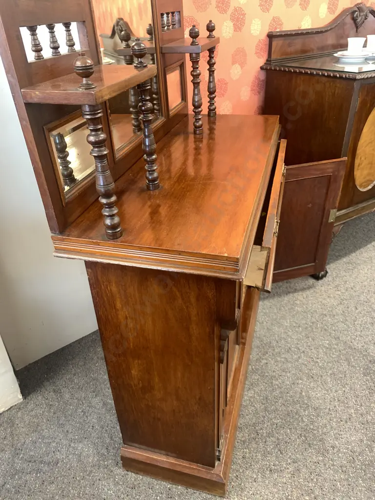 Antique Kauri Sideboard, Single Shallow Drawer, 3 Bevelled Mirrors, Ornate Detail, 2 Door With Key Image 1++