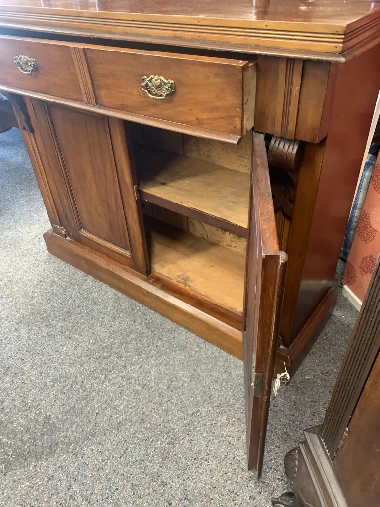 Antique Kauri Sideboard, Single Shallow Drawer, 3 Bevelled Mirrors, Ornate Detail, 2 Door With Key Image 1++