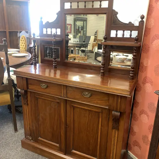 Antique Kauri Sideboard, Single Shallow Drawer, 3 Bevelled Mirrors, Ornate Detail, 2 Door With Key