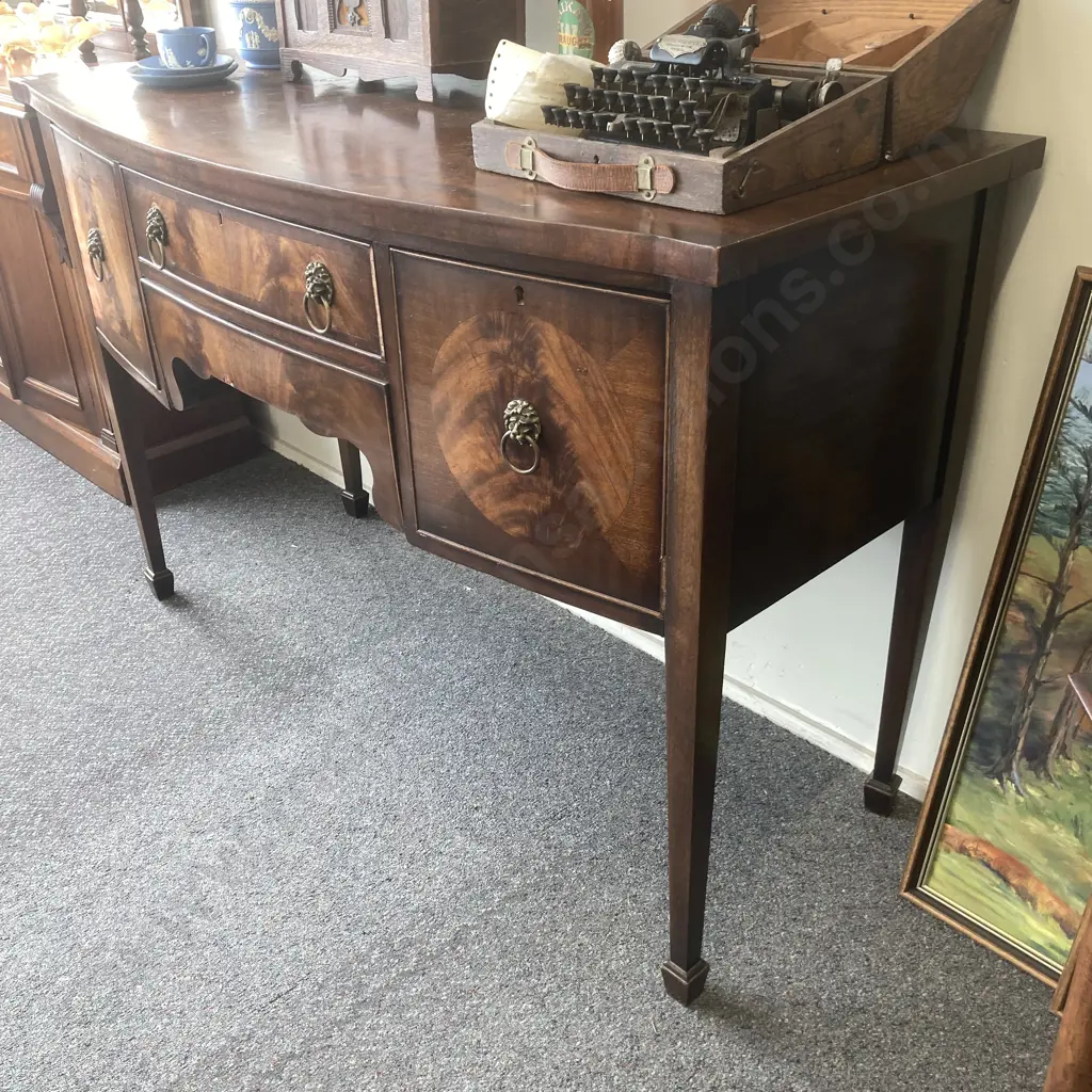 Federal Style Crotch Mahogany Inlaid Antique Sideboard Buffet With 4 x Lion Head Ring Pulls Image 1++
