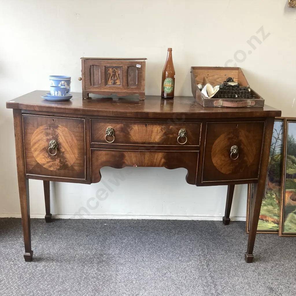 Federal Style Crotch Mahogany Inlaid Antique Sideboard Buffet With 4 x Lion Head Ring Pulls Image 1++
