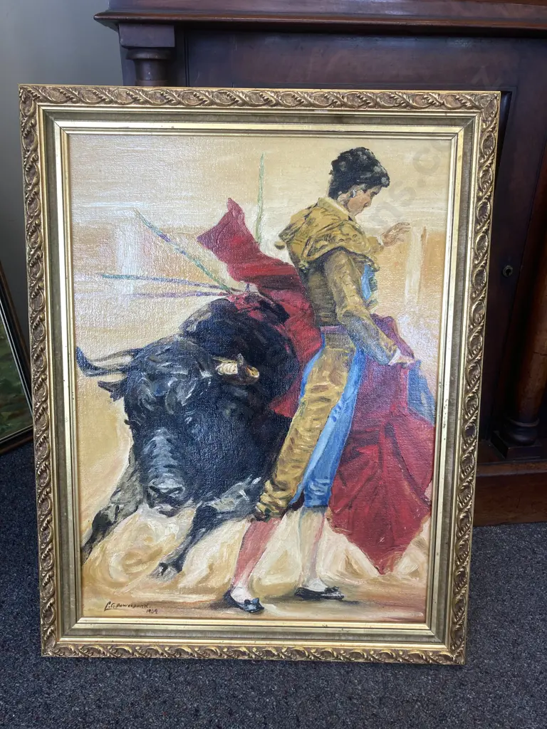 Original Oil By LG Bowerbank 1969 'Matador & Bull' Gilt Frame, 70 x 54cm Image 1++