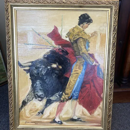 Original Oil By LG Bowerbank 1969 'Matador & Bull' Gilt Frame, 70 x 54cm