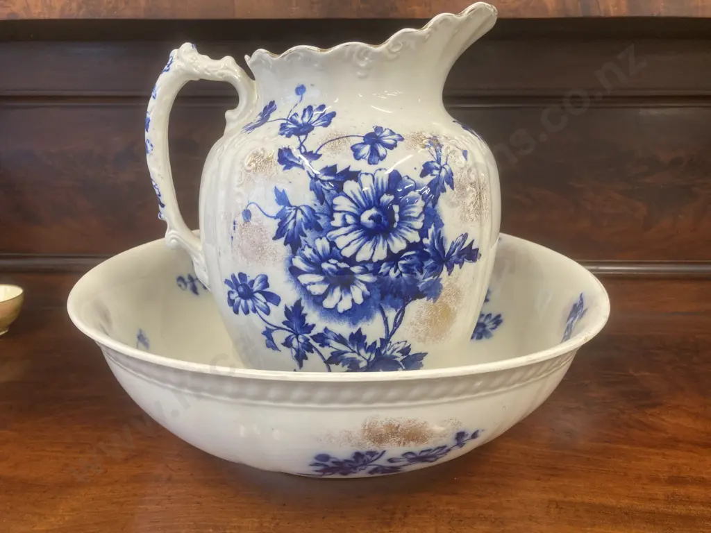 Antique Brampton England Blue Flow Wash Jug & Bowl Set, H30cm, Dia 39cm Image 1++