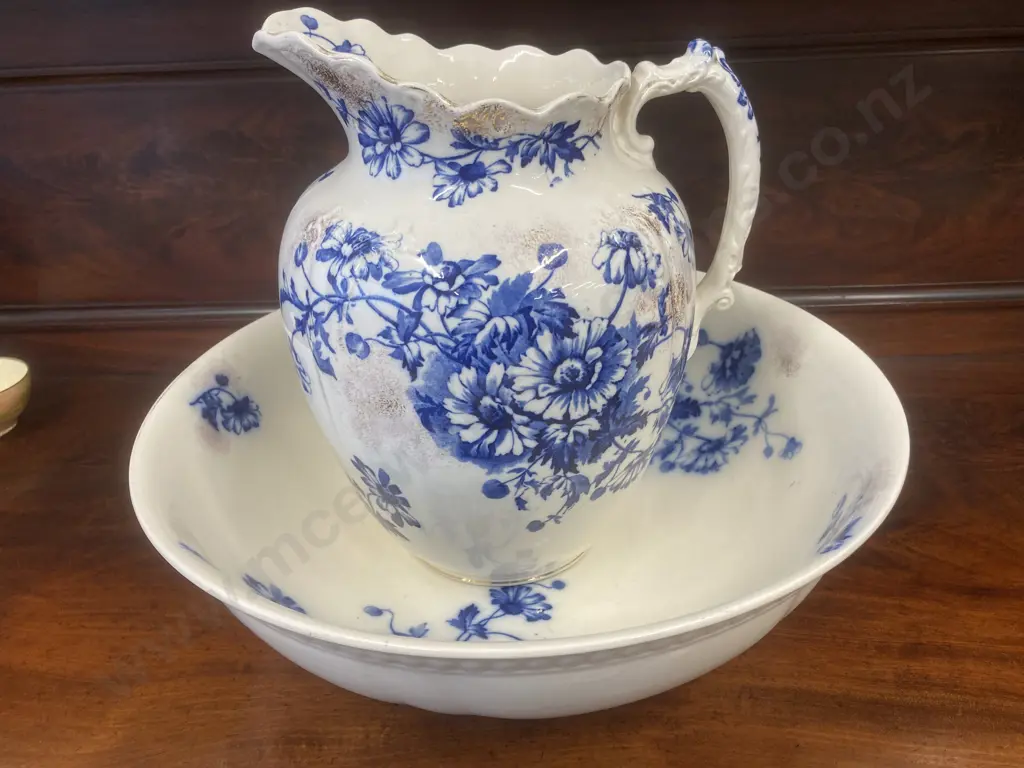 Antique Brampton England Blue Flow Wash Jug & Bowl Set, H30cm, Dia 39cm Image 1++
