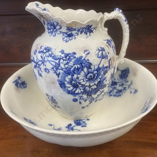 Antique Brampton England Blue Flow Wash Jug & Bowl Set, H30cm, Dia 39cm