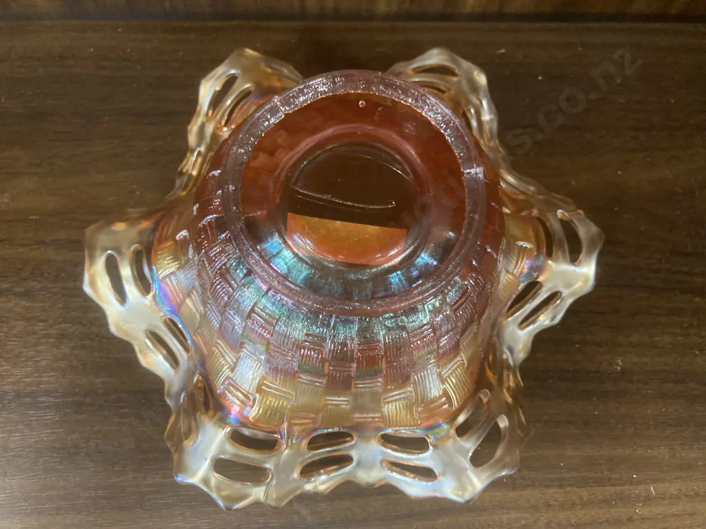 Vintage Fenton Carnival Glass Marigold Basket Weave Dish With Ruffled Open Lattice Edge, H7 Dia16cm Image 1++