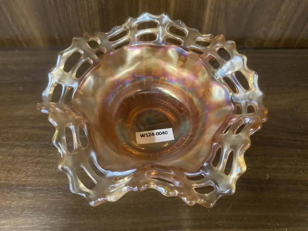 Vintage Fenton Carnival Glass Marigold Basket Weave Dish With Ruffled Open Lattice Edge, H7 Dia16cm Image 1++