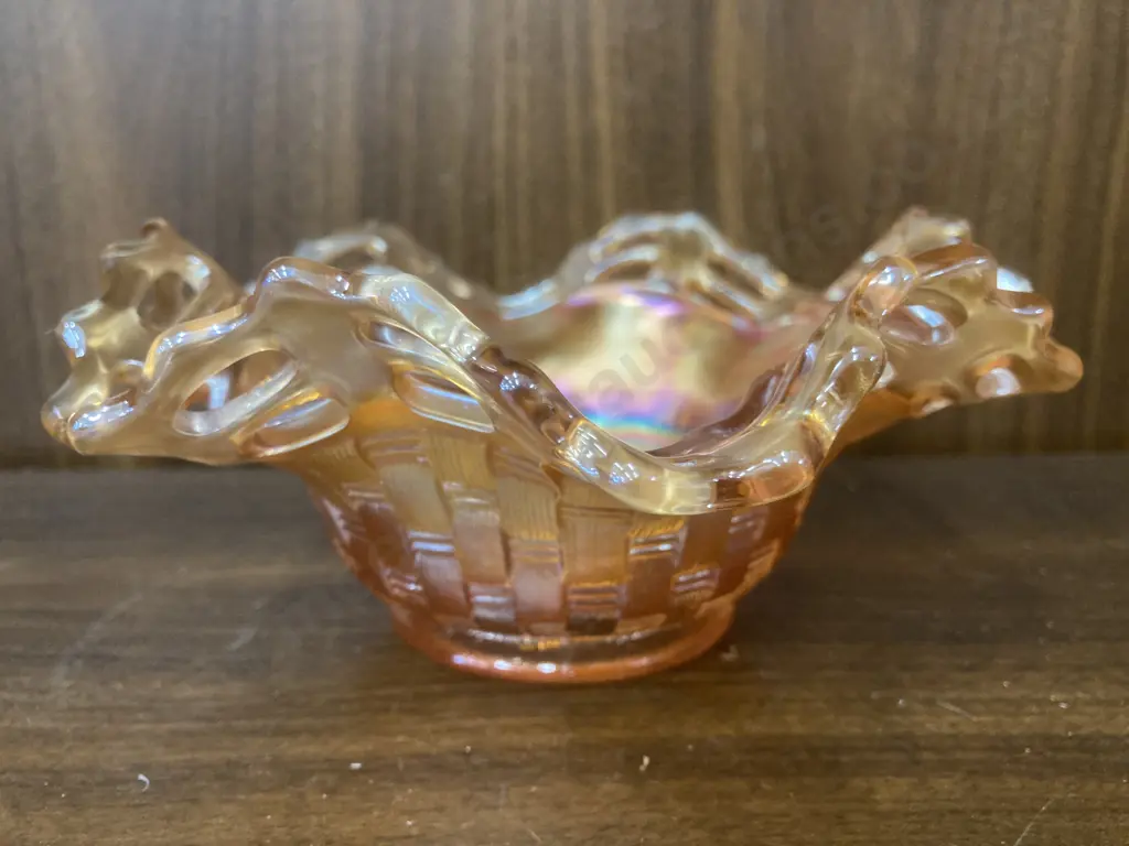 Vintage Fenton Carnival Glass Marigold Basket Weave Dish With Ruffled Open Lattice Edge, H7 Dia16cm Image 1++