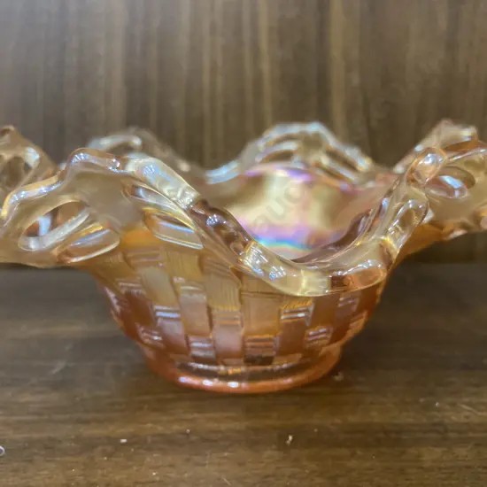 Vintage Fenton Carnival Glass Marigold Basket Weave Dish With Ruffled Open Lattice Edge, H7 Dia16cm