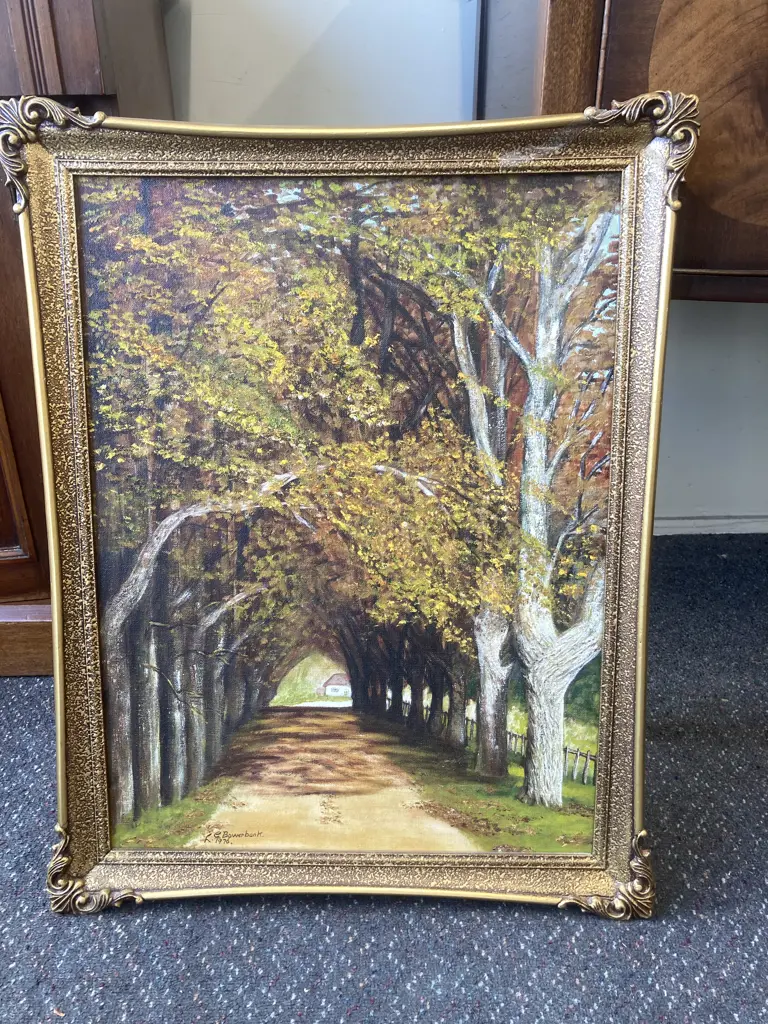 Original Artwork By LG Bowerbank 1976 Titled 'Avenue Of Gold' Waihirere, Gilt Ornate Frame, 70 x 55cm Image 1++