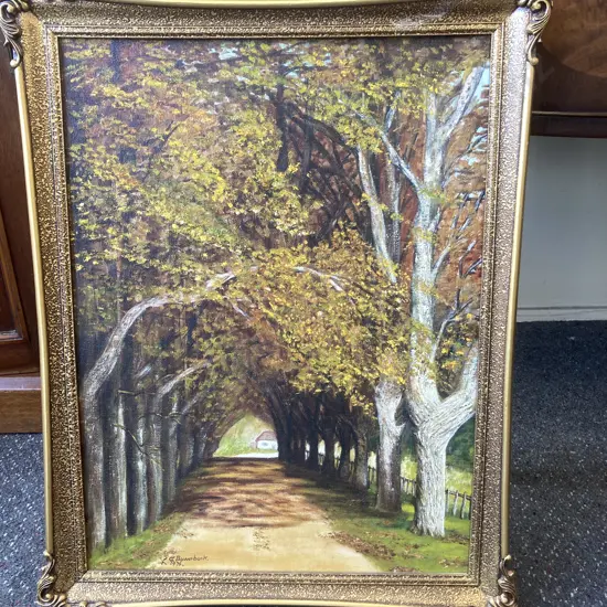 Original Artwork By LG Bowerbank 1976 Titled 'Avenue Of Gold' Waihirere, Gilt Ornate Frame, 70 x 55cm