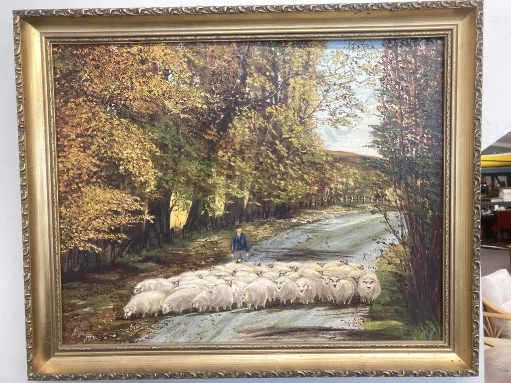 Original Oil By Lynn 1971 'Sheep Droving' Gilt Frame, 48 x 58cm Image 1++