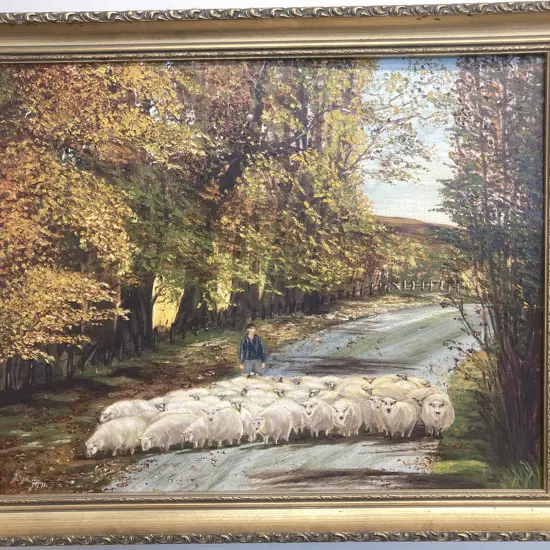 Original Oil By Lynn 1971 'Sheep Droving' Gilt Frame, 48 x 58cm