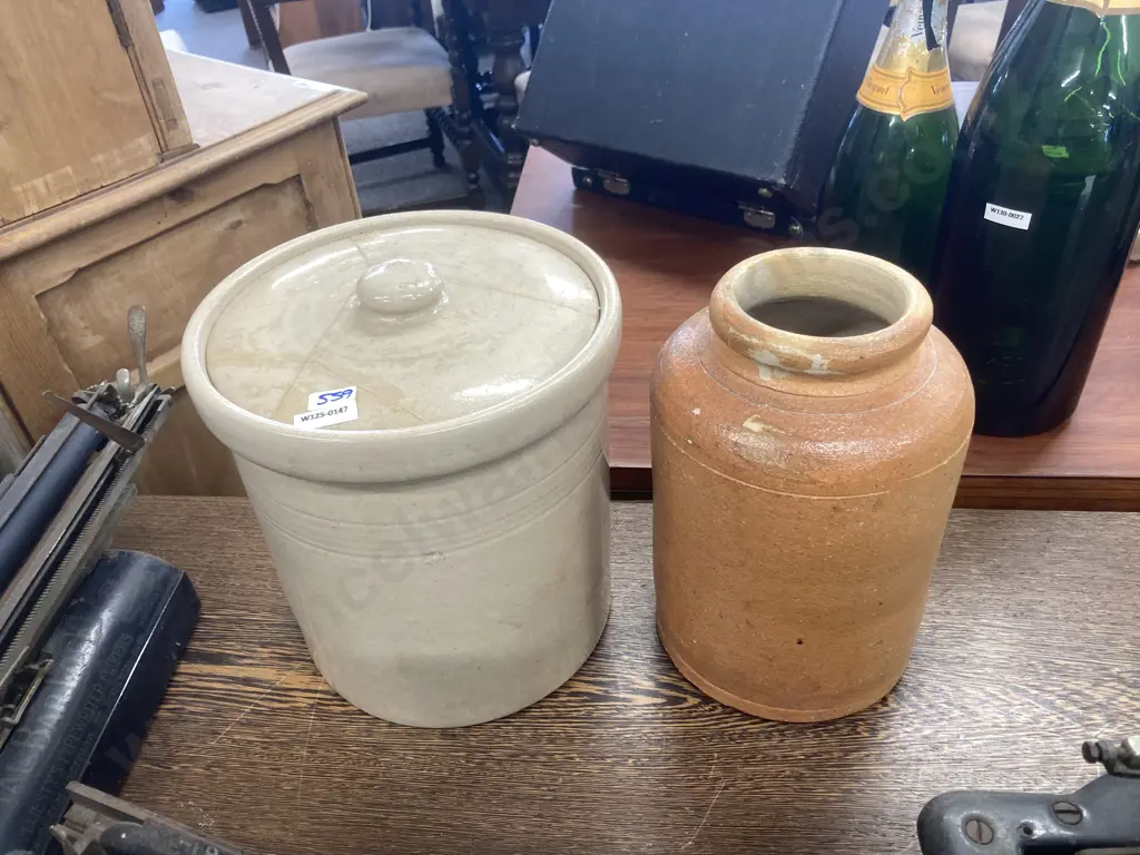 Lidded Stone Jar (af to lid), H26cm, Terracotta Stone Jar, H27cm Image 1++