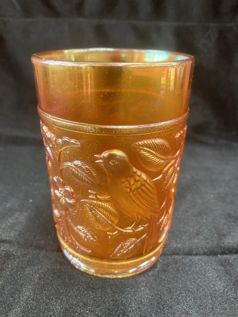 Antique Imperial Glass Marigold Carnival Glass Robin Tumbler, C1910?, Pattern #670, H11 Dia7cm Image 1++