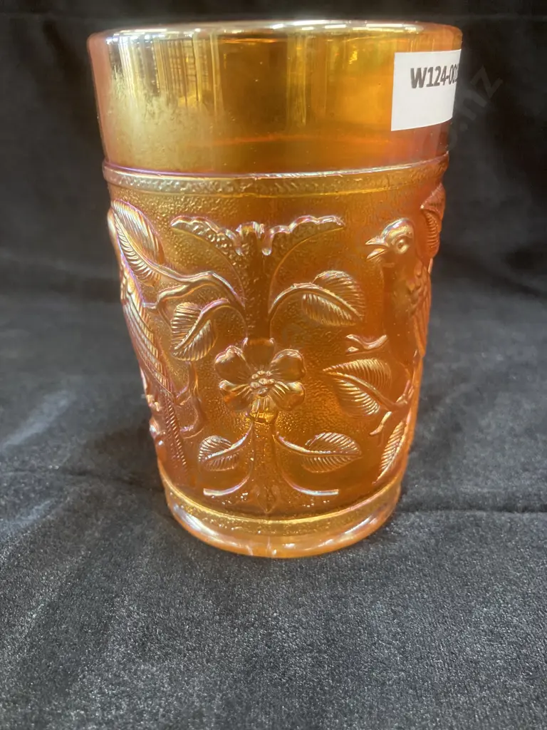 Antique Imperial Glass Marigold Carnival Glass Robin Tumbler, C1910?, Pattern #670, H11 Dia7cm Image 1++