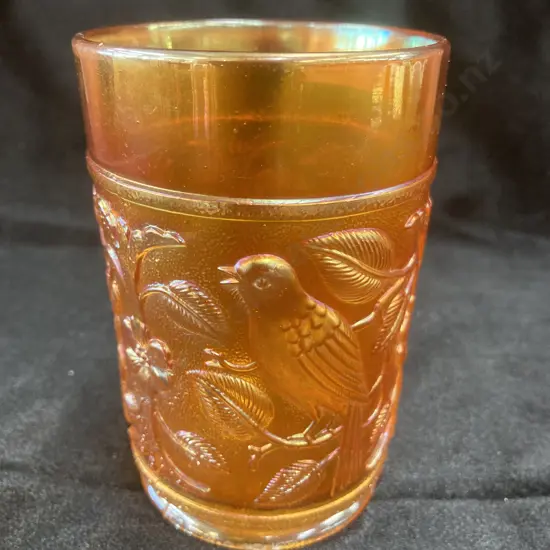 Antique Imperial Glass Marigold Carnival Glass Robin Tumbler, C1910?, Pattern #670, H11 Dia7cm