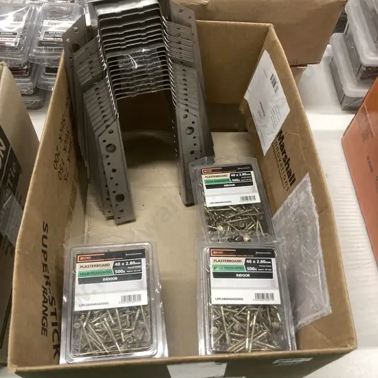 Box Lot of Joist Hangers & 8 x 500g Packs of Ecko 40 x 2.80mm Plaster Board Gold Passivated Nails