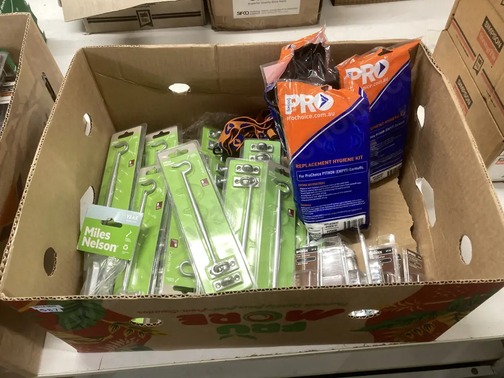 Box of Miles Nelson Cabin Hooks, Flat Washer Packs, Pro Choice Hygiene Packs Etc Image 1++