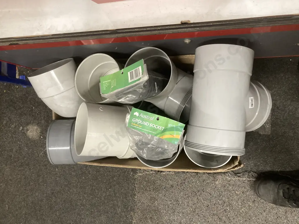 Box of Large PVC Pipe Fittings & Austral Ground Sockets Etc Image 1++