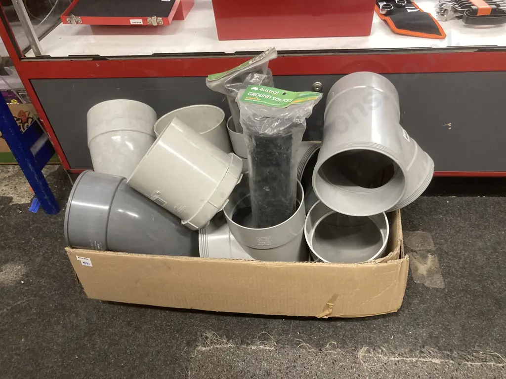 Box of Large PVC Pipe Fittings & Austral Ground Sockets Etc Image 1++