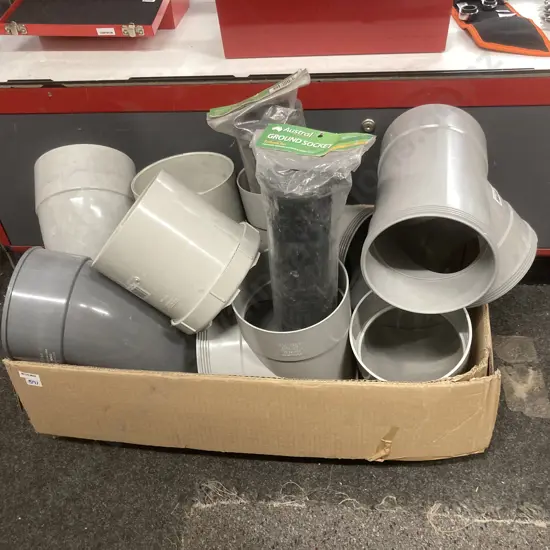 Box of Large PVC Pipe Fittings & Austral Ground Sockets Etc