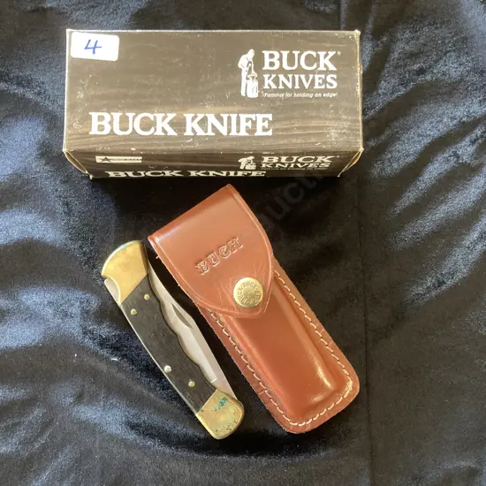 Buck Knife 110 V USA 4 Pin Folding Pocket Knife Lockback Brown Leather Sheath & Box, 1972-1986