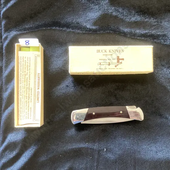 Vintage Buck USA 501 Esquire Folding Pocket Knife Plain Wood & Nickel Bolsters, Original Box & Paperwork