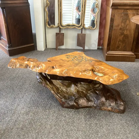 Rustic Swamp Kauri Slab Occasional Table With Inlaid Paua Detail, H37 L111 D46cm