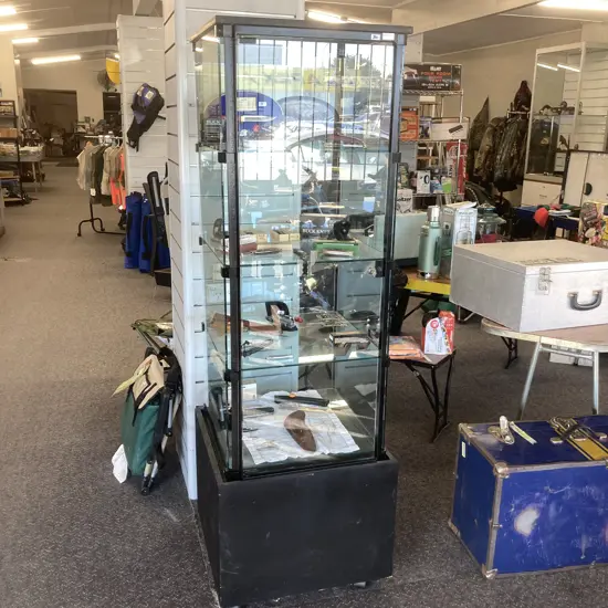 Glass Cabinet with 4 Glass Shelves on Black Painted Wooden Base. Lockable Front Door with Key. H168 W50 L51cm