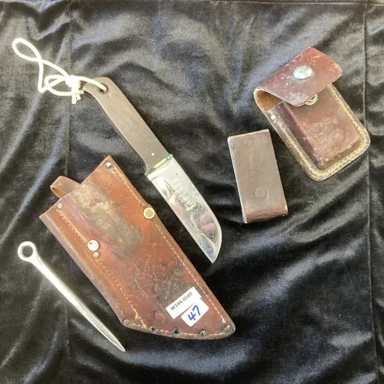 Vintage Kabar Sailors Fixed Blade Rigging Knife With Marlin Spike And Leather Sheath