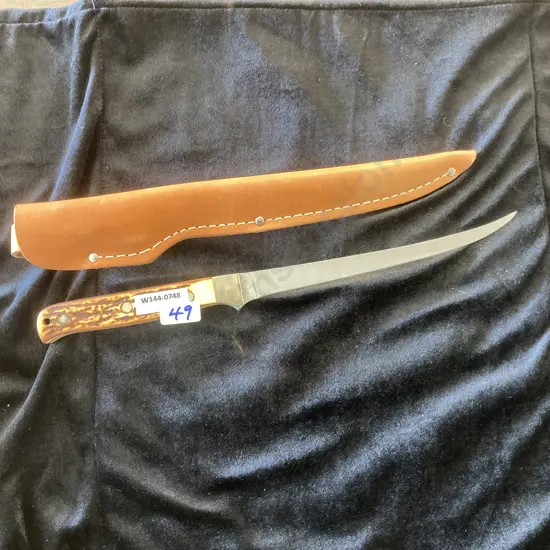 Vintage Schrade Uncle Henry 167 USA Fixed Blade Fillet Knife, Stag /Bone Handle, L30.5cm With Original Leather Sheath