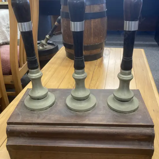 Vintage Wooden Three Beer Pull Tap / Dispenser, Brass / Wood, H49 L44 D27cm