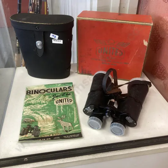 Vintage United 20x50 Binoculars Made In Japan, No7-66369, Coated Optics With Original Box, Leather Case & Catalogue