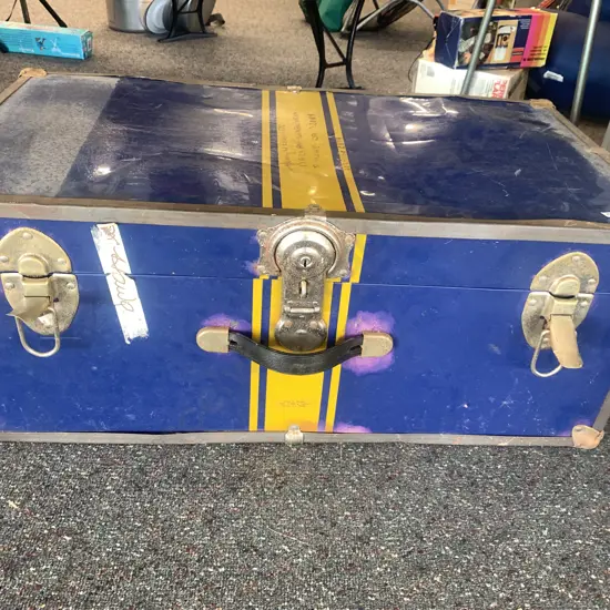 Storage Case / Trunk (locked with no key) Blue With Yellow Stripe Metal Detail On Edges H32cm, W78cm, D42cm.