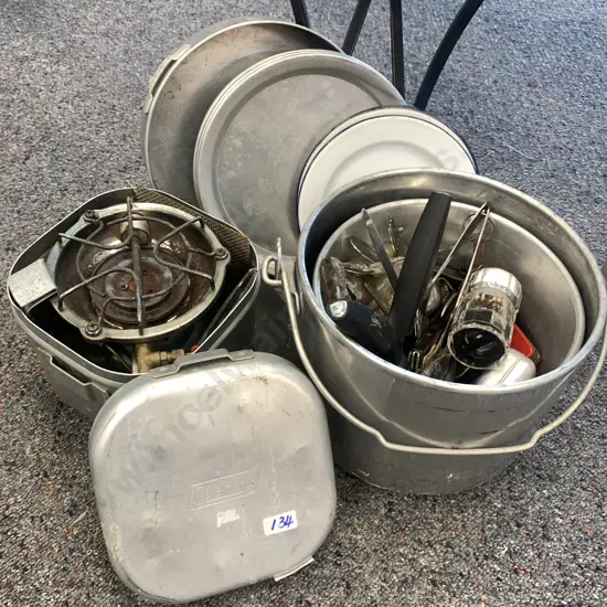 Coleman Burner With Camping Pots, Plates, Cutlery Etc