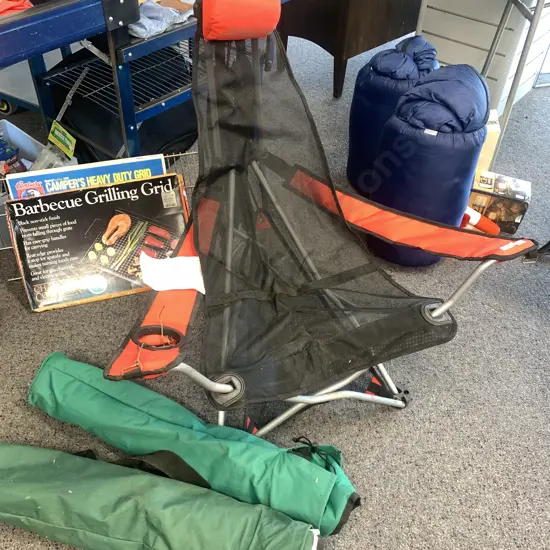 Folding Sports Chairs x 2 (green) with folding triangular red chair