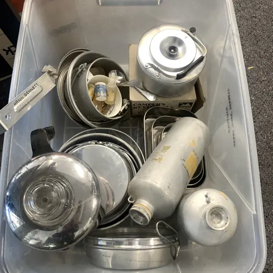 Clear Bin Of Camping Pots, Containers, Cutlery Etc