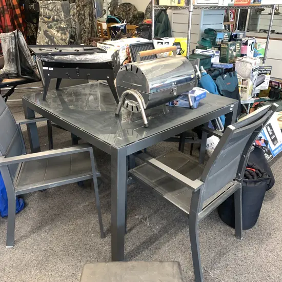 Charcoal Colour Square Glass Top Patio Table,100 x 100, 4 Armed Mesh Chairs