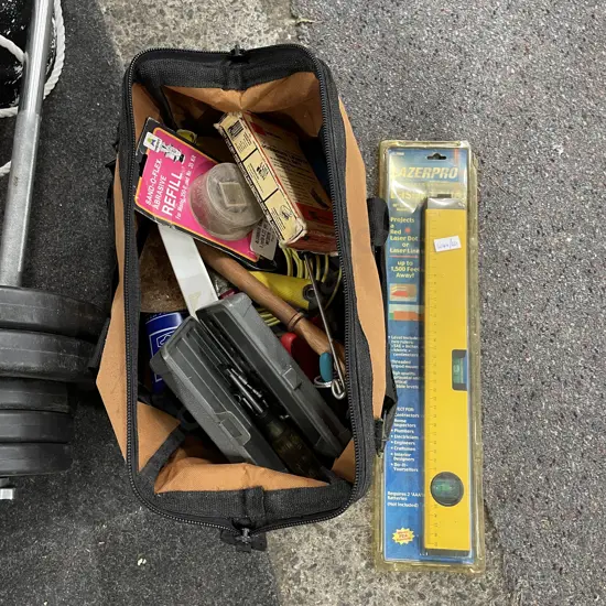 Brown Tool Bag with Assorted Tools, laser level etc