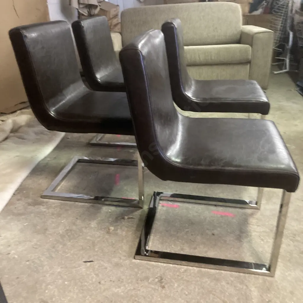 Dark Brown Faux Leather Dining Chairs with Chrome Cantilever Frames, Set Of Four Image 1++