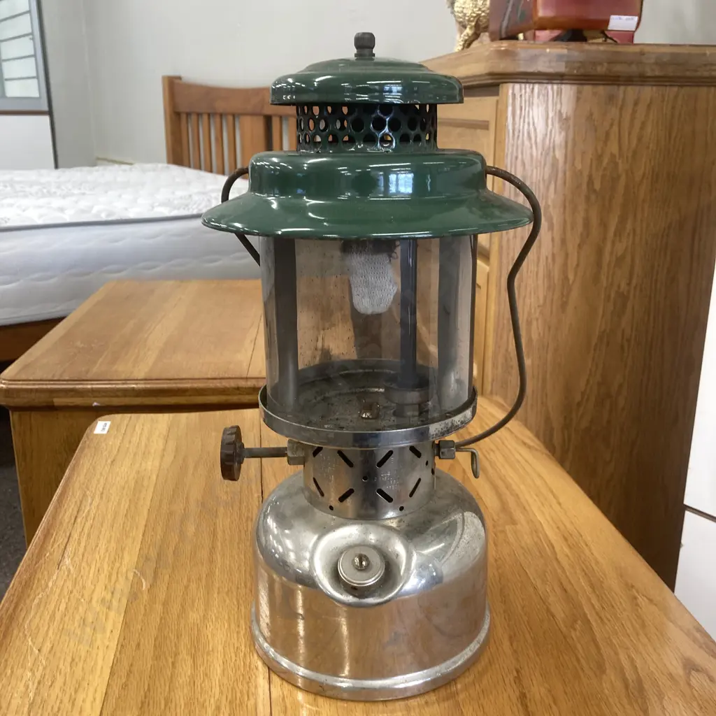 Vintage 1950 Coleman Canada Sunshine Of The Night Lantern, 237 Empire, Chrome Sea Green H35cm, Replacement Globe Fitted Image 1++