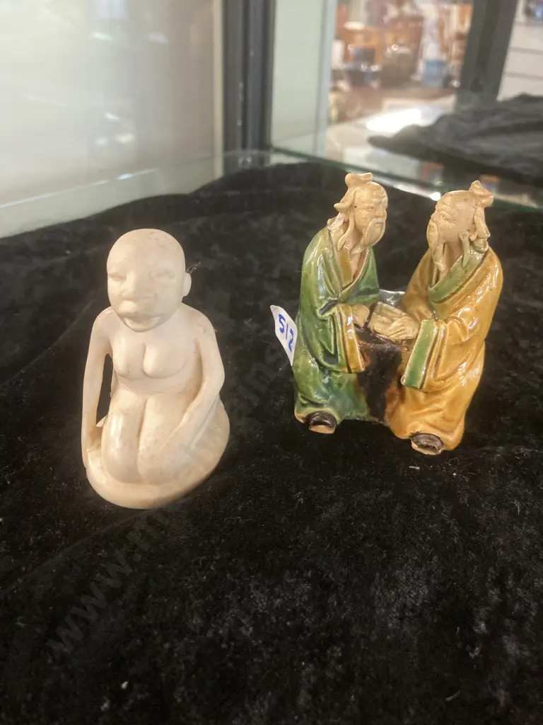 Ivory Nude Crouching Figurine with Iga Ware Ornamental Figurine Image 1++