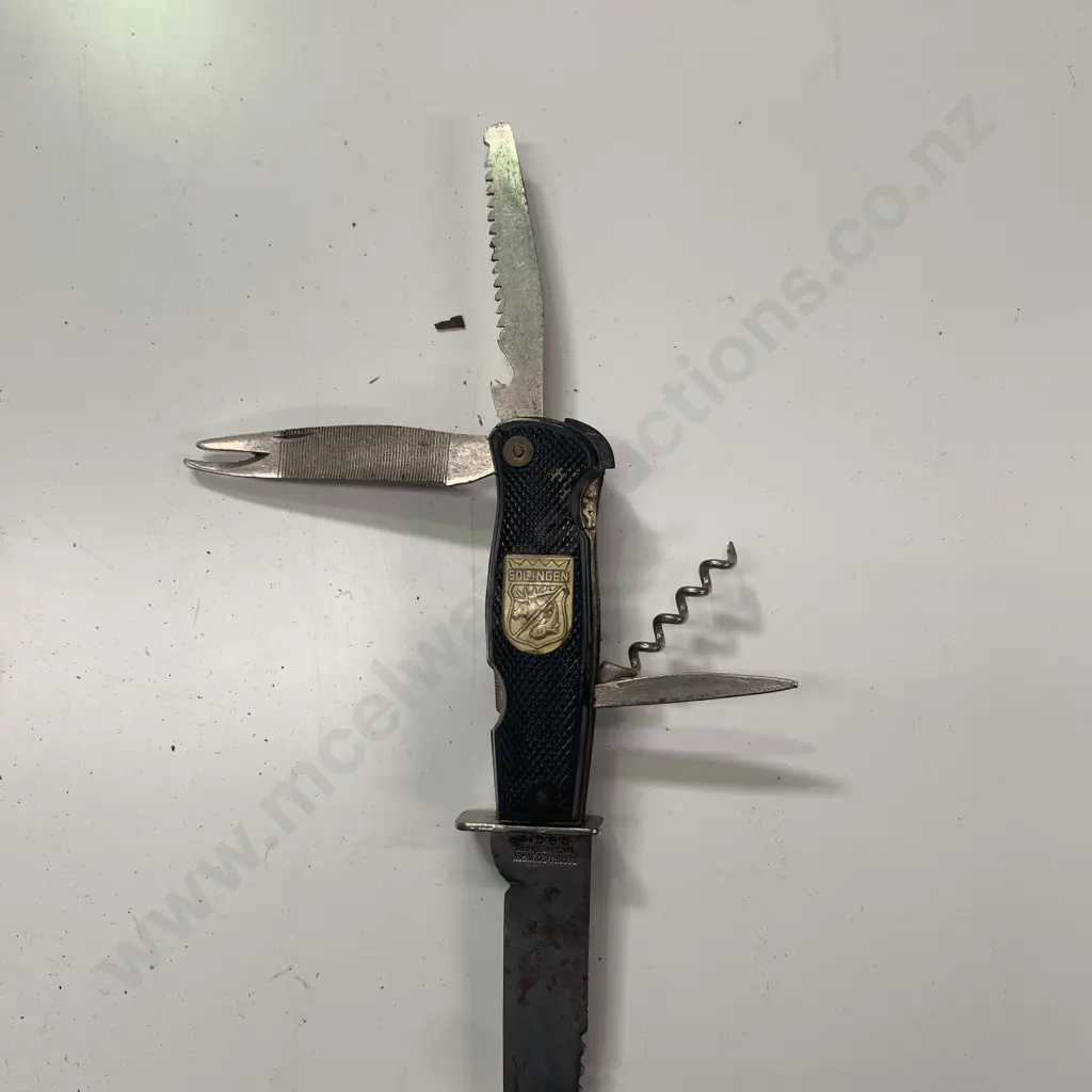 Vintage SOLINGEN Germany Multi Knife with multiple Blades and corkscrews etc in handle, in leather Sheath Image 1++