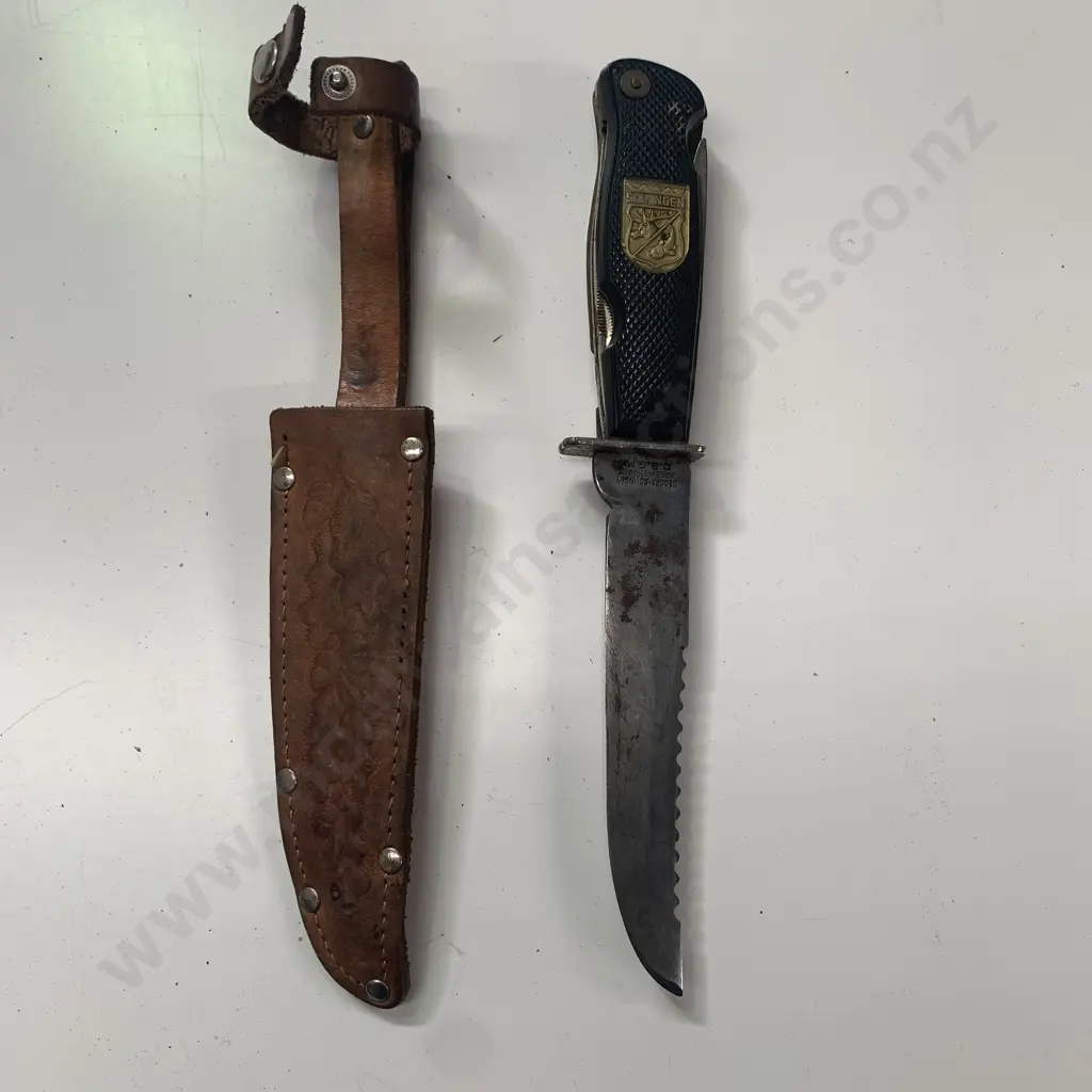 Vintage SOLINGEN Germany Multi Knife with multiple Blades and corkscrews etc in handle, in leather Sheath Image 1++