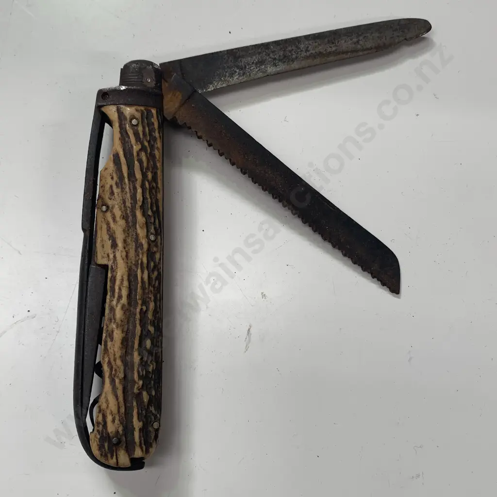 Vintage Stage Horn Handle Retractable Multi Knife? L26cm Image 1++